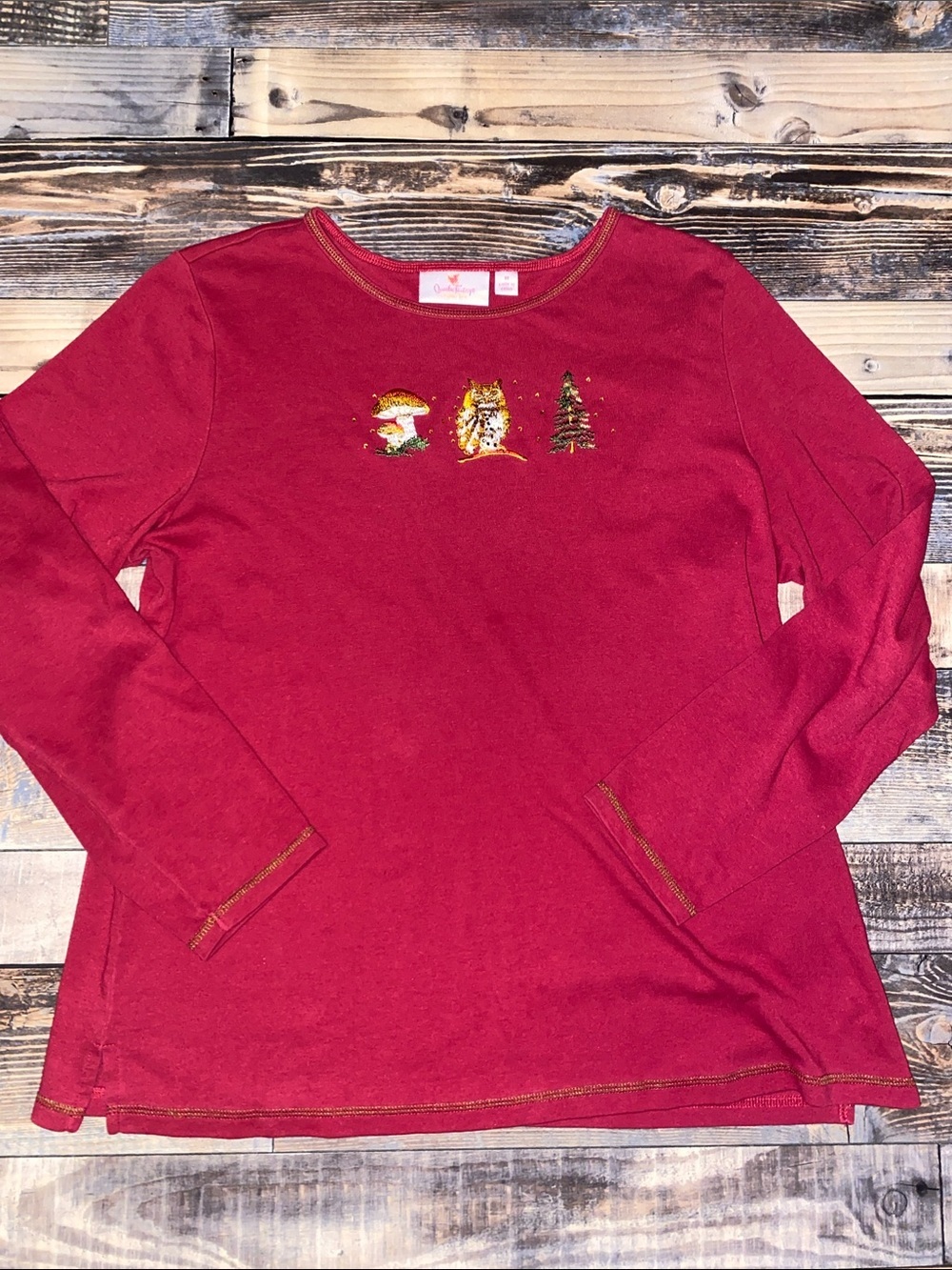 Quaker Factory Vintage Festive Embroidered Long-Sleeve Graphic Top